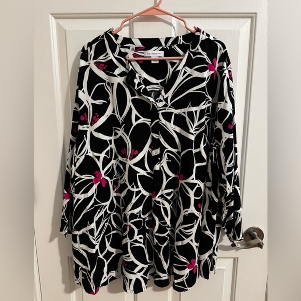 Liz Claiborne 3/4 Sleeve Pullover Tunic Blouse Black Floral Plus 3X